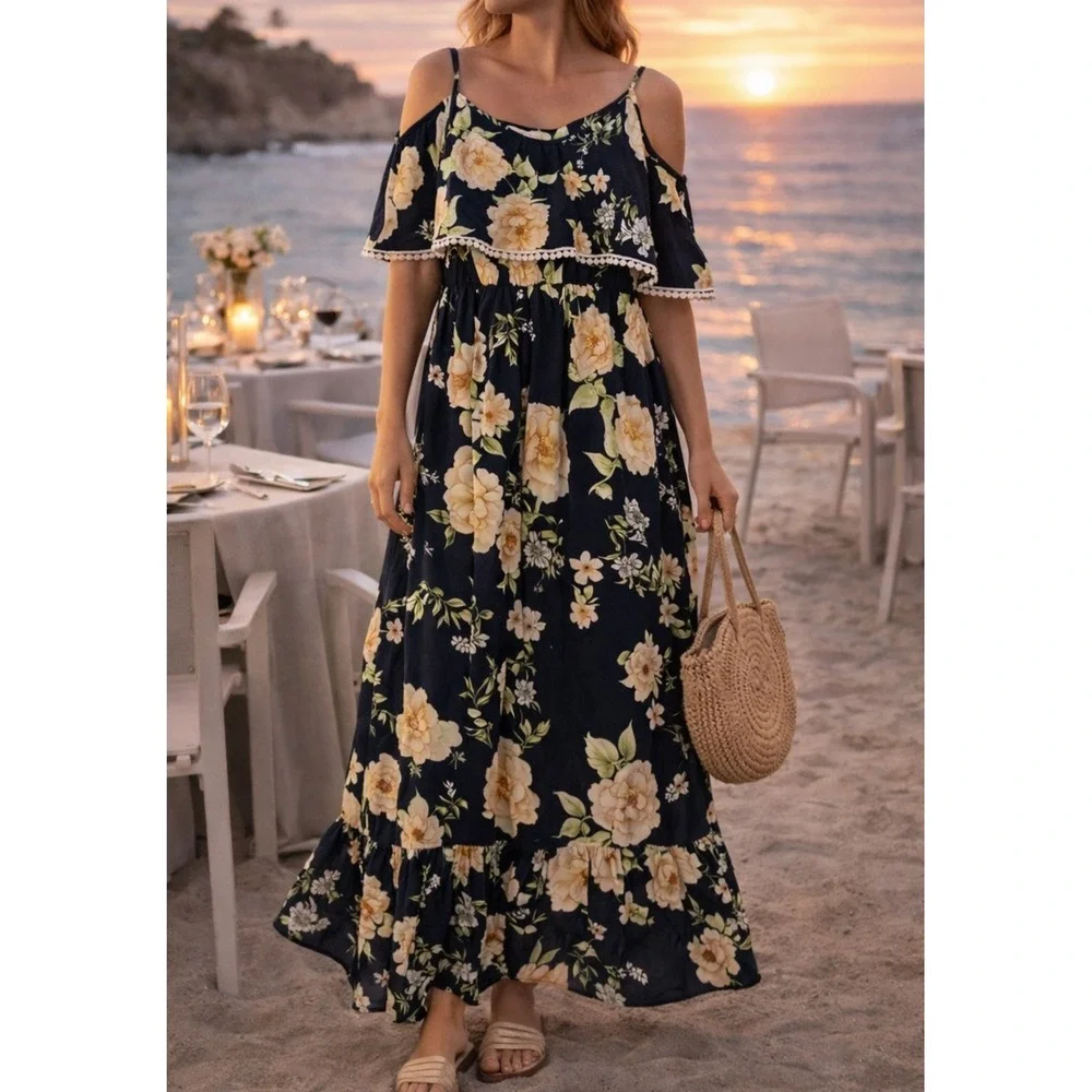 NWT Cupshe Womens Floral Flowy Maxi Dress Small Feminine Coastal Vacation Boho - Picture 1 of 10